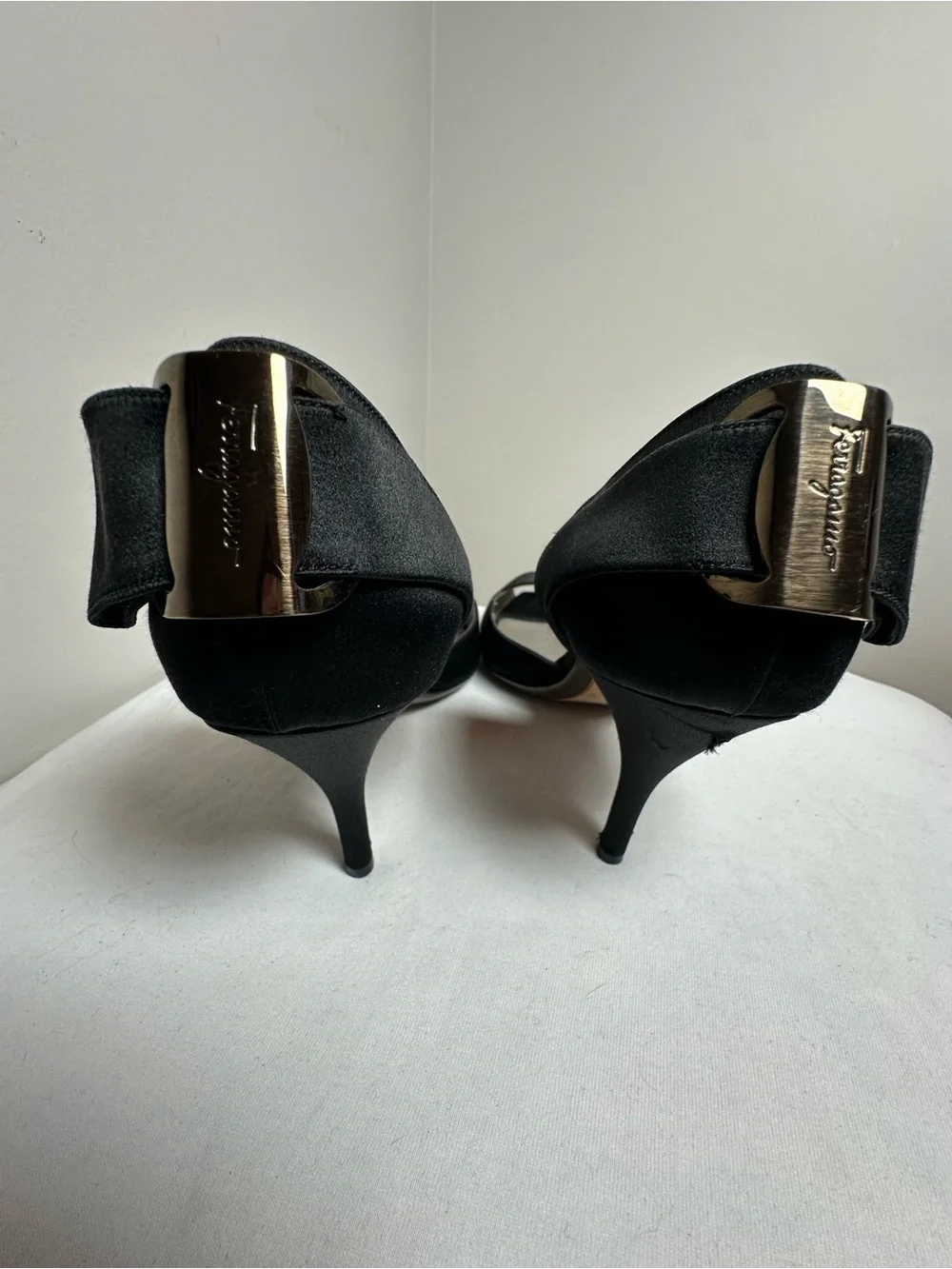 Ferragamo black satin peep toe black heels